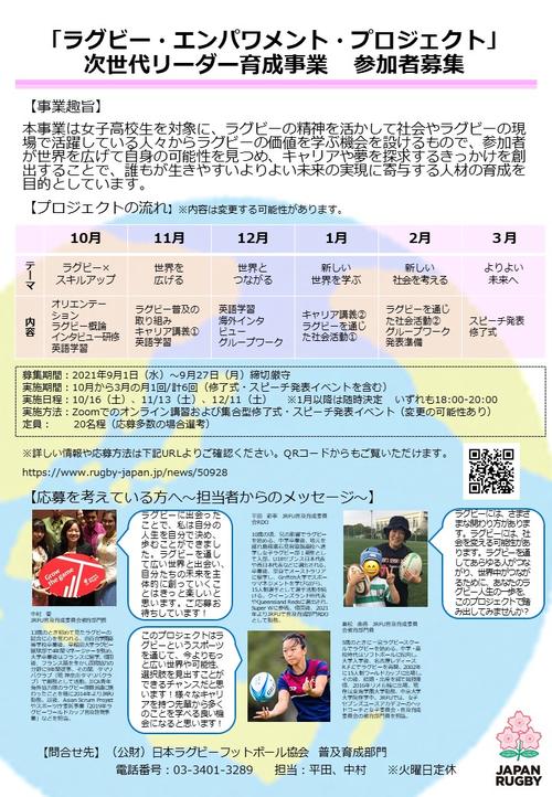 「ラグビー・エンパワメント・プロジェクト」次世代リーダー育成事業　参加者募集のお知らせ